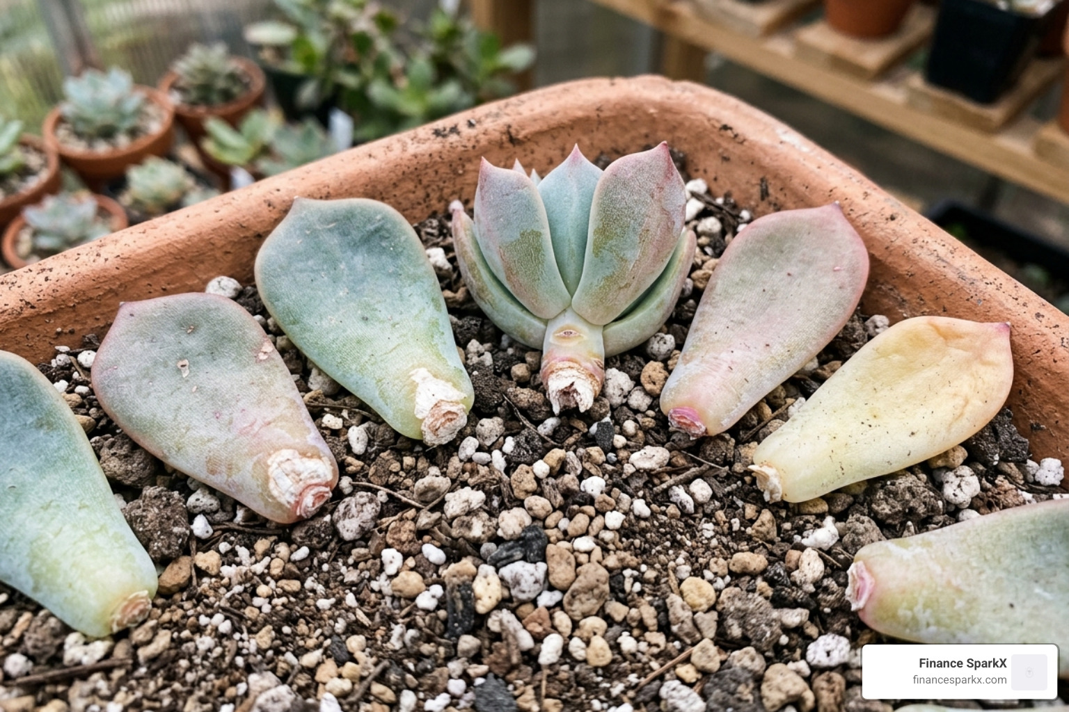 Callused leaves laid on top of dry succulent soil - echeveria leaf propagation