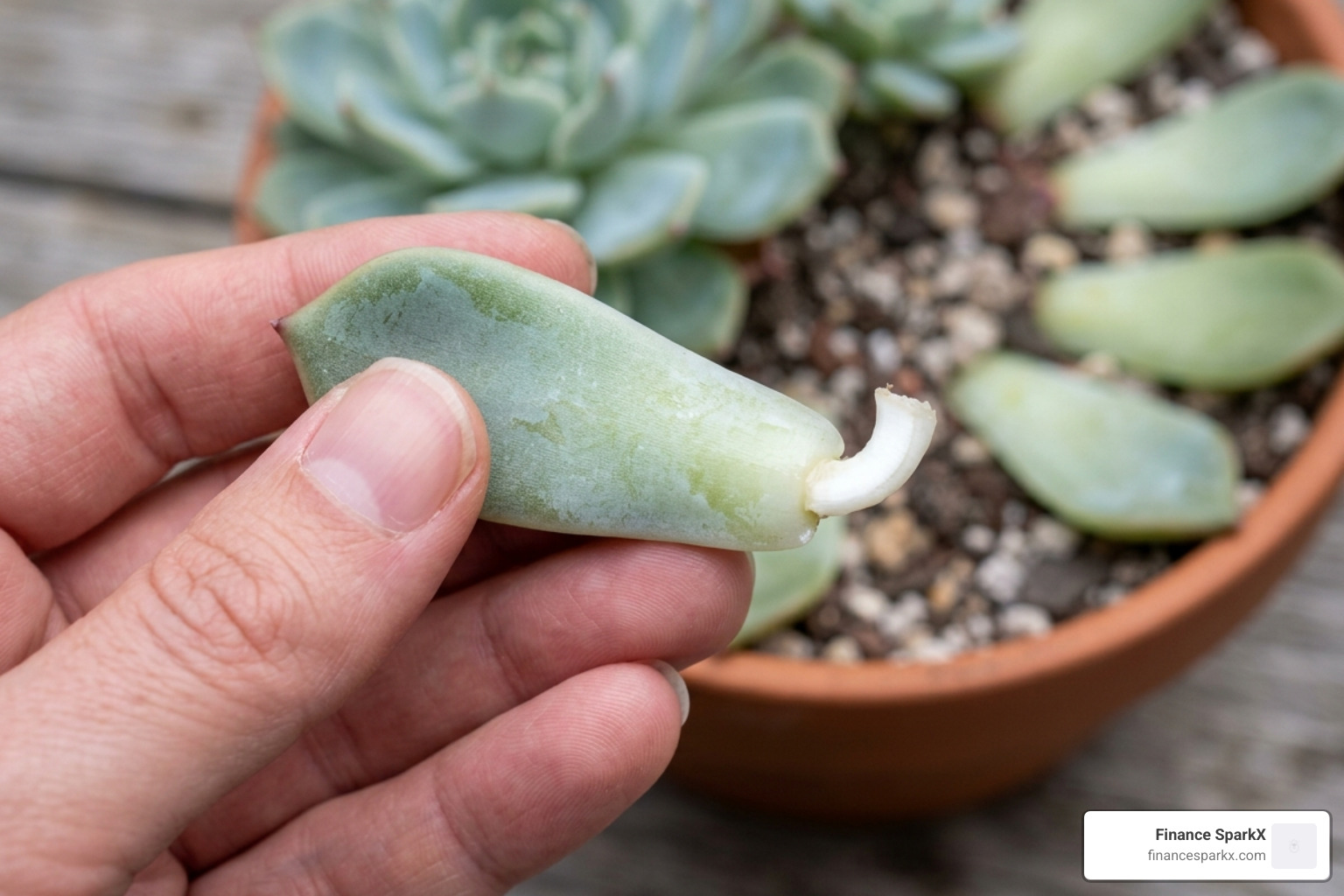 Close-up of a clean leaf pull showing the intact base - echeveria leaf propagation