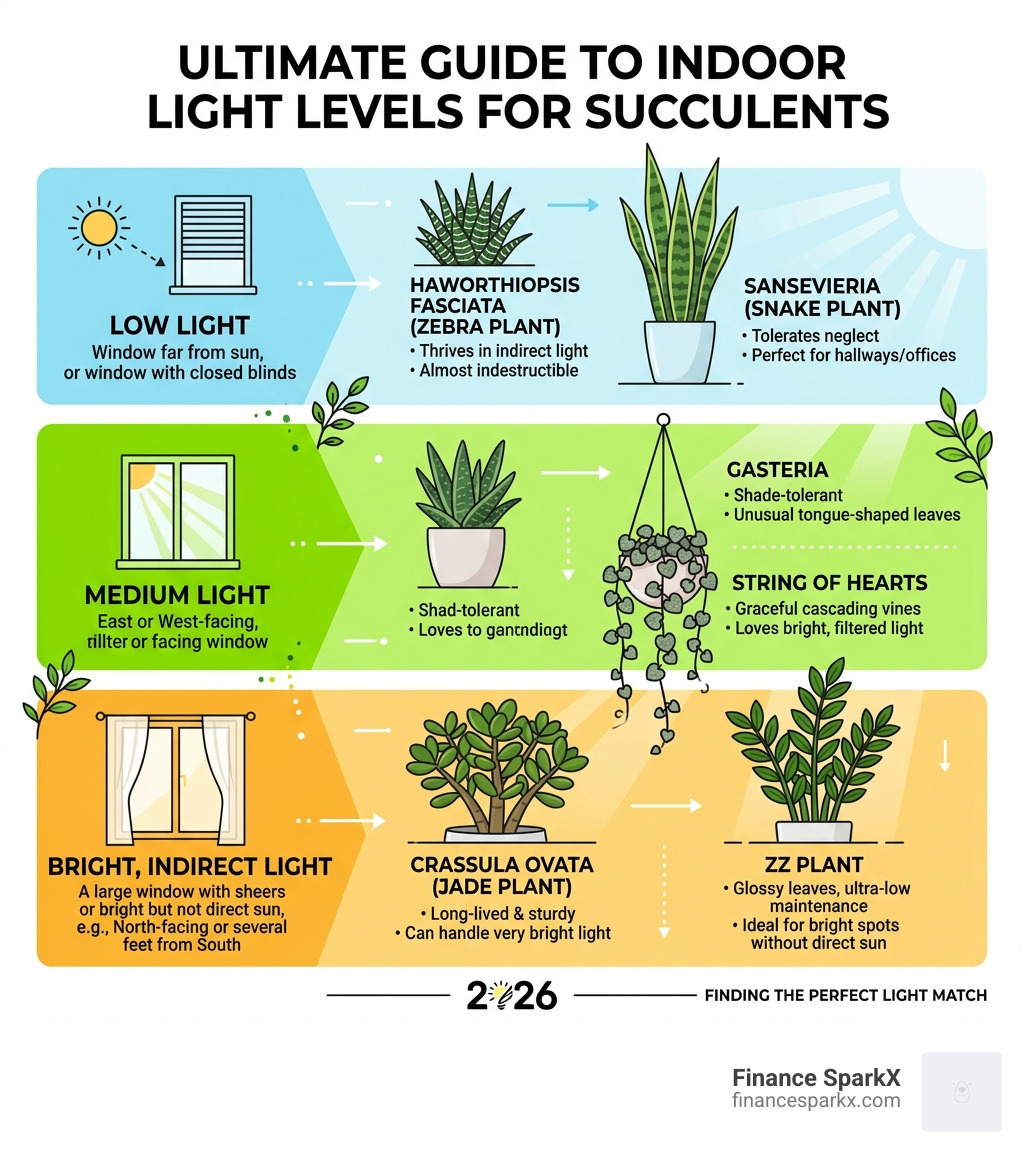 infographic showing light levels for indoor plants and which succulents match each level - low light succulents infographic 
