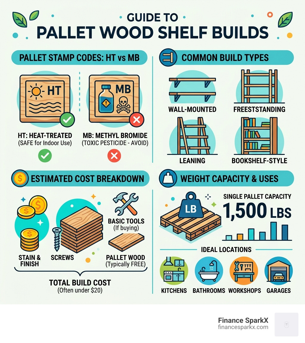 Infographic showing pallet stamp codes HT vs MB, build types, cost breakdown, and weight capacity - pallet wood shelf builds