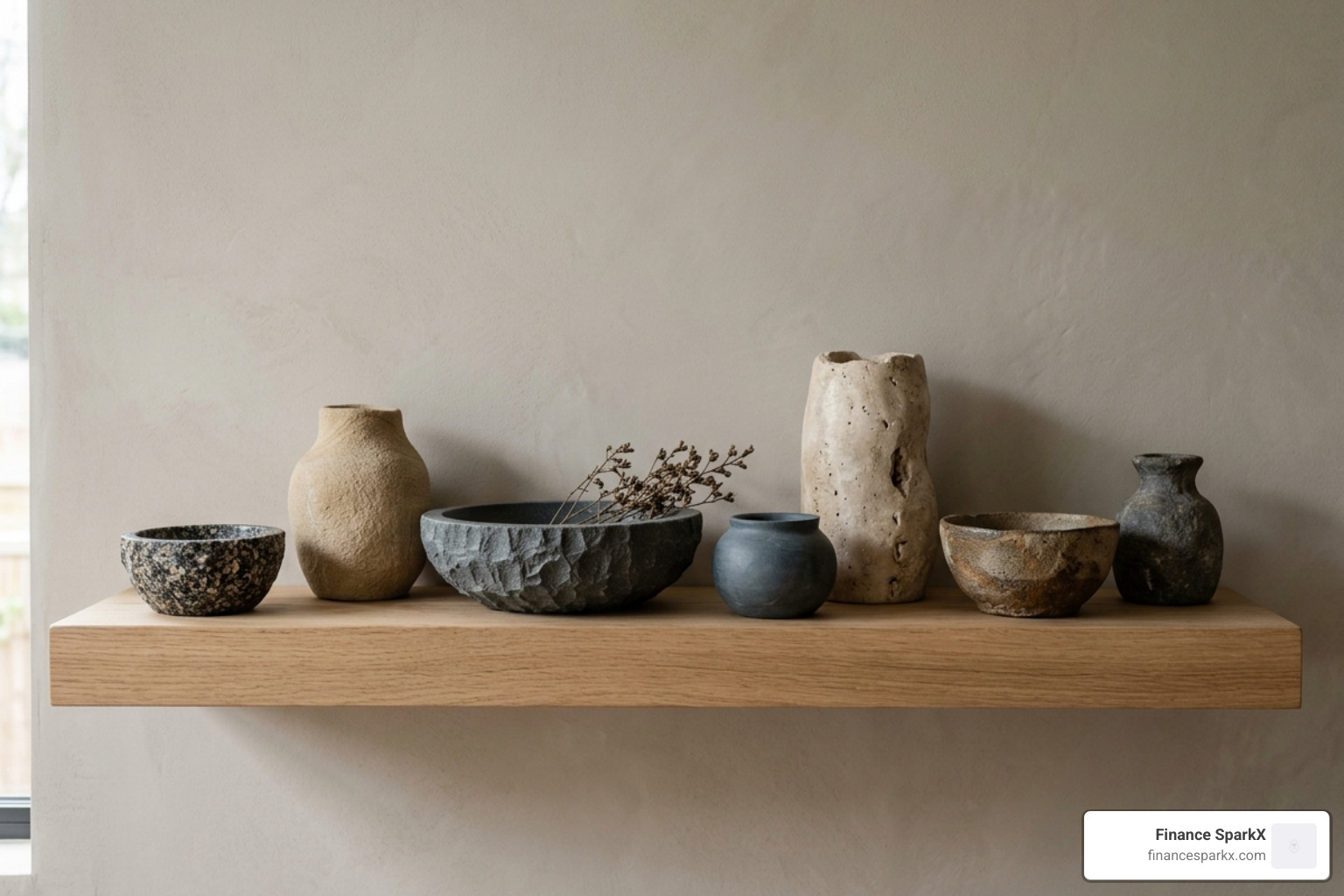 handcrafted stone bowls and vases on a minimalist shelf - sustainable home accessories