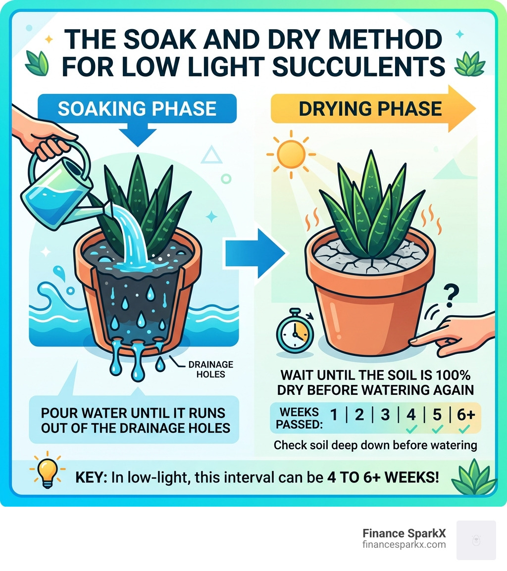 infographic showing the soak and dry watering method - low light succulents infographic 