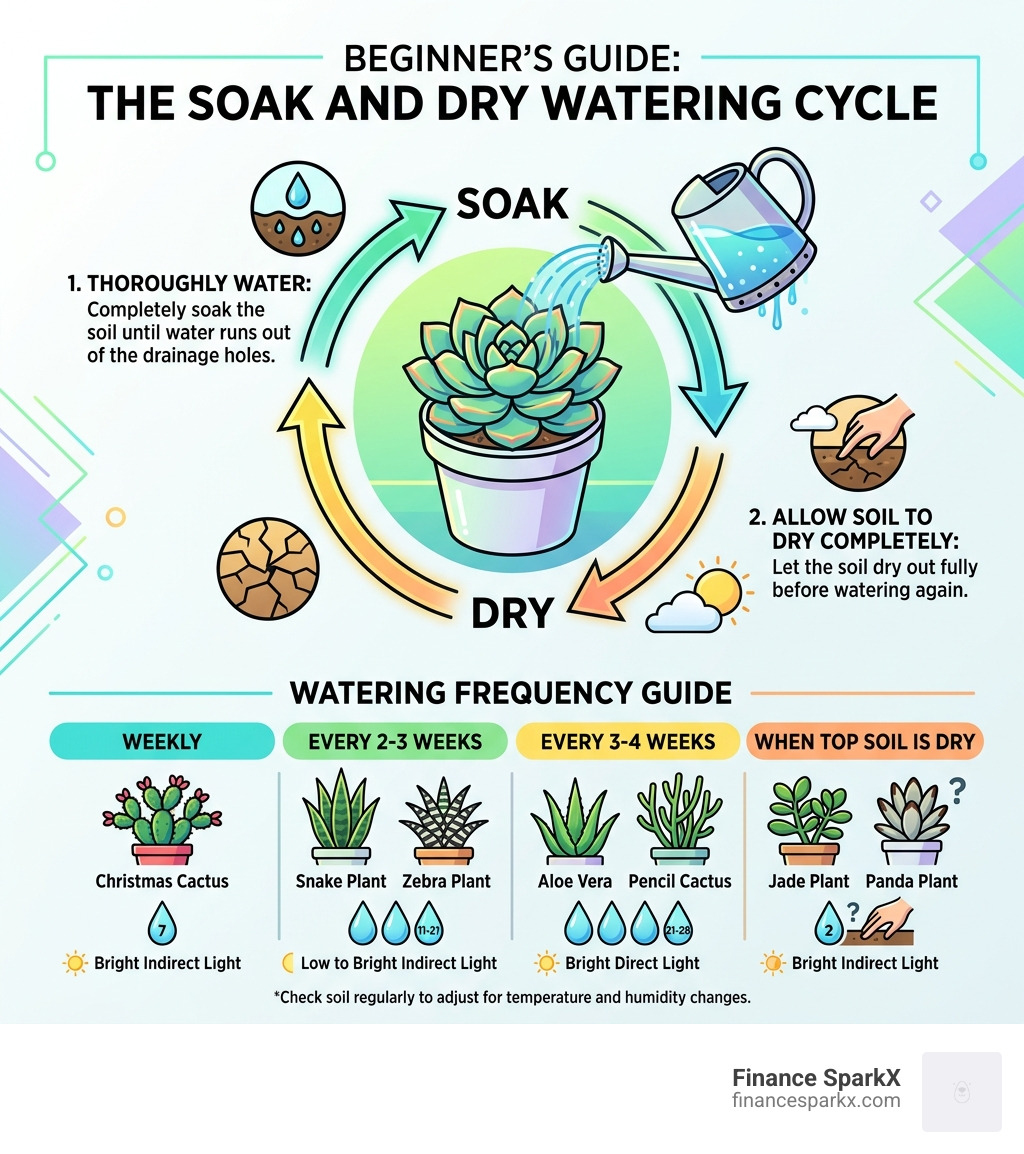 Soak and dry watering cycle infographic for beginner indoor succulents with watering frequency guide - indoor succulents for