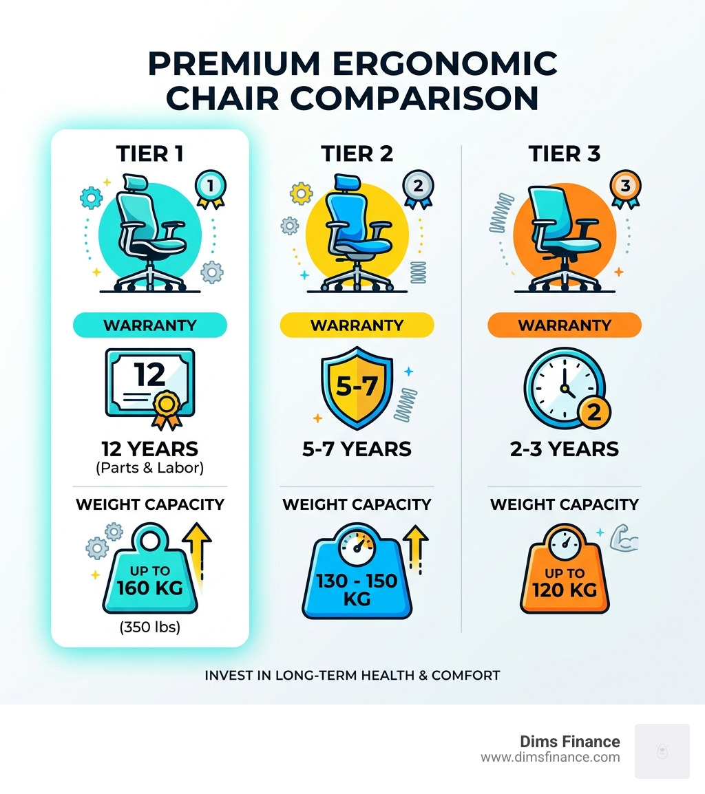 infographic comparing warranty and weight capacities of top-tier ergonomic chairs - best chair to sit for long hours