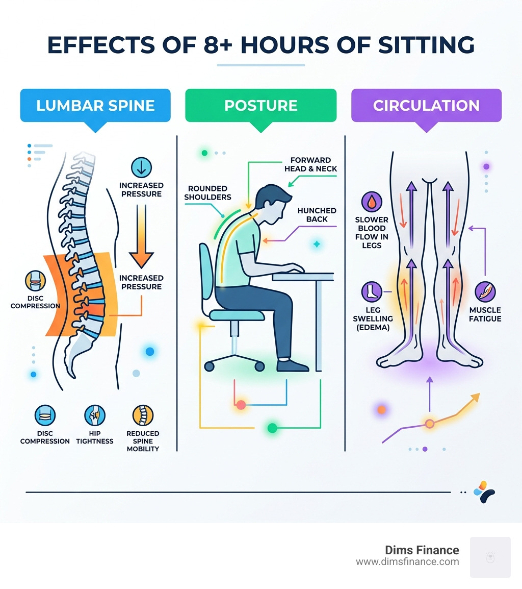 infographic showing effects of 8+ hours of sitting on lumbar spine, posture, and circulation - best chair to sit for long