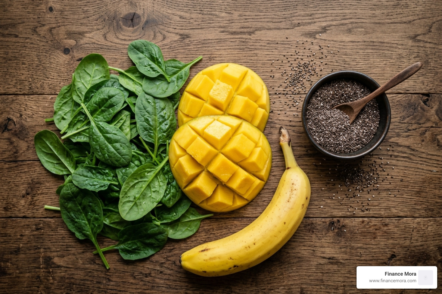 flat-lay with spinach, mango, banana, and chia seeds - green smoothie recipe flat-lay with spinach, mango, banana, and chia seeds - green smoothie recipe
