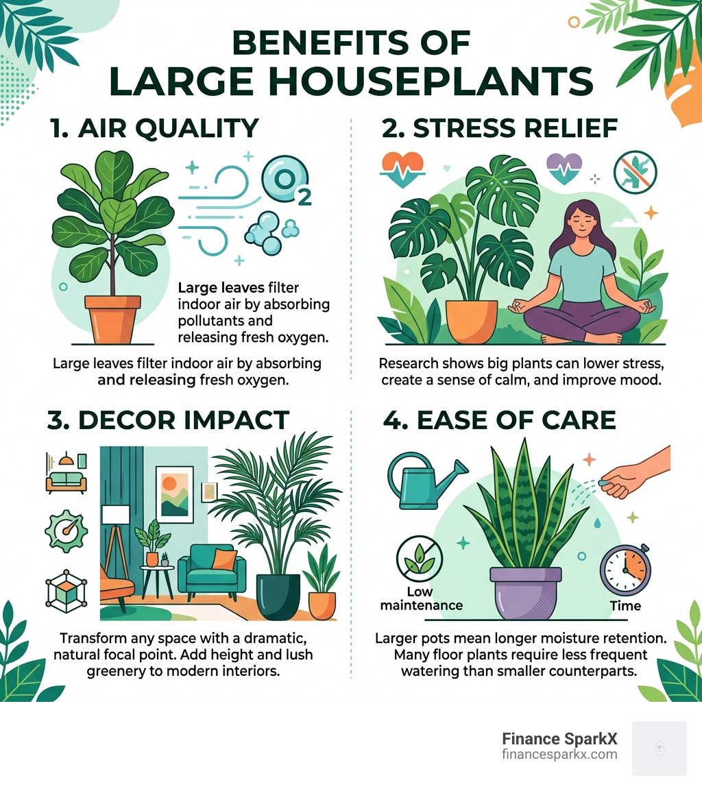 Benefits of large houseplants infographic: air quality, stress relief, decor impact, ease of care - best large houseplants
