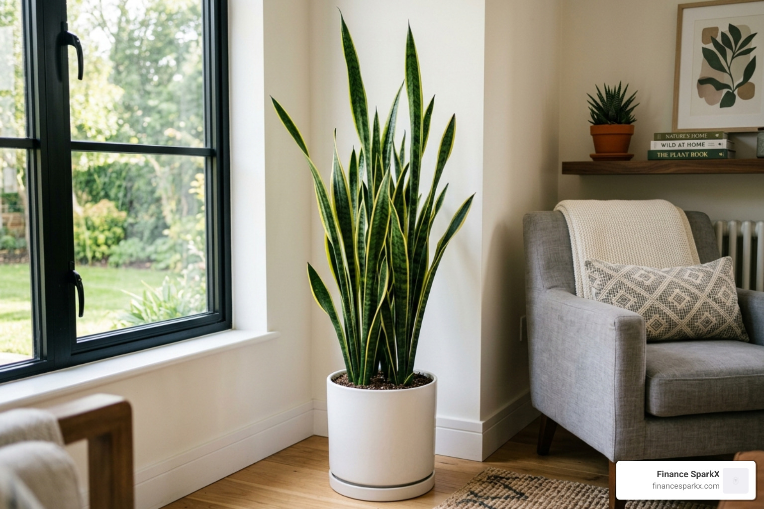 A tall Snake Plant in a modern white ceramic pot standing in a bright living room corner - best large houseplants
