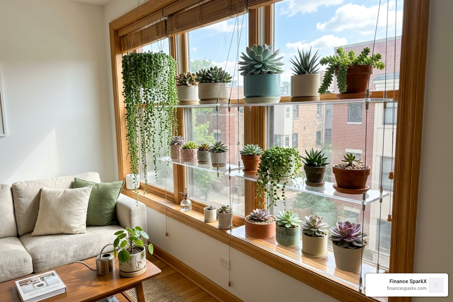 Clear acrylic floating shelves maximizing natural light - apartment friendly succulent shelves