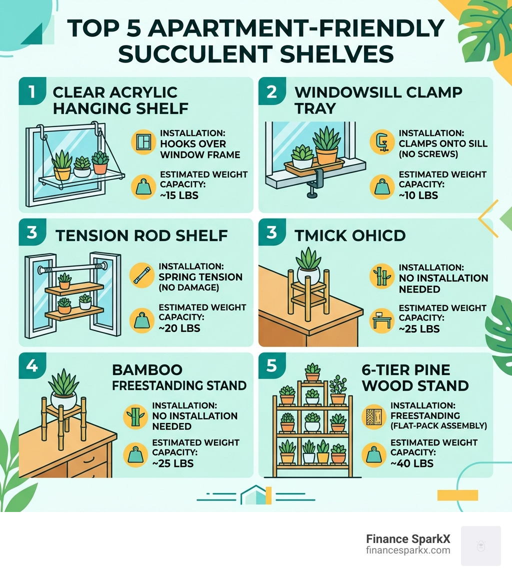 Infographic showing top 5 apartment friendly succulent shelf types, installation methods, and weight capacities - apartment