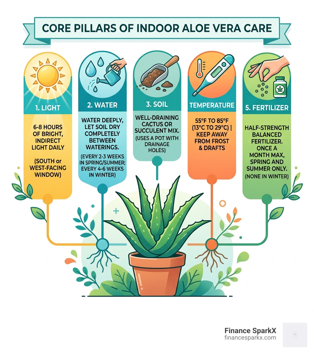 Core pillars of indoor aloe vera care: light, water, soil, temperature, and fertilizer - aloe vera plant care indoors