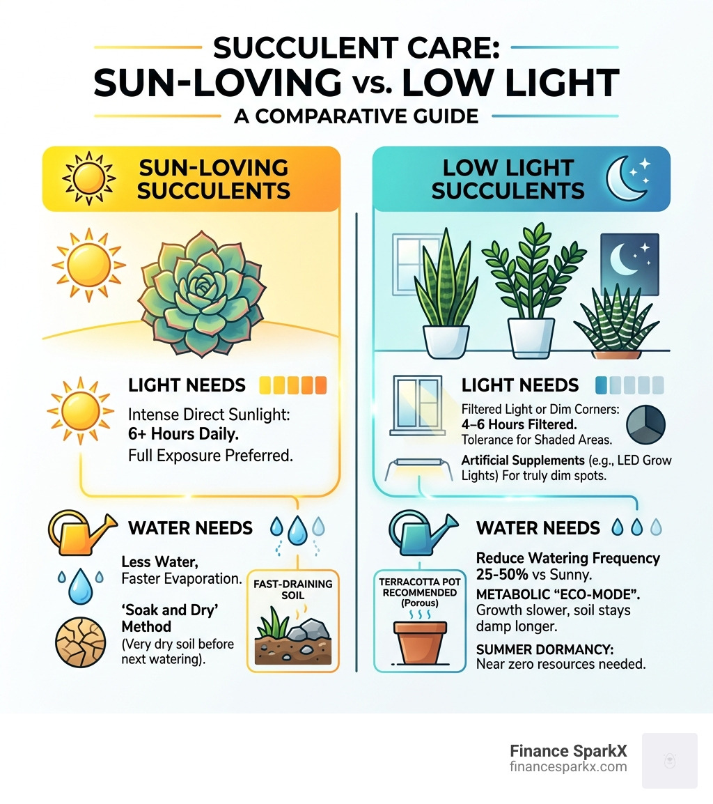 Infographic comparing water and light needs for sun-loving vs low light succulents - succulents low light infographic Infographic comparing water and light needs for sun-loving vs low light succulents - succulents low light infographic