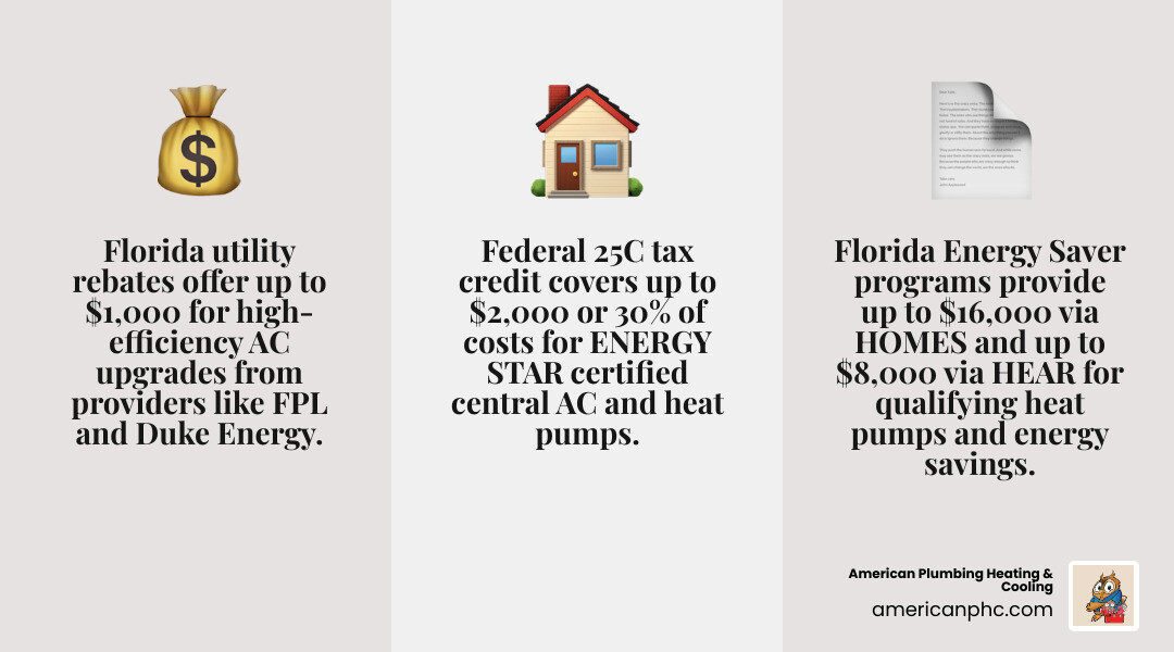 Infographic showing layers of Florida AC rebates including FPL utility rebate, Duke Energy rebate, Florida Energy Saver