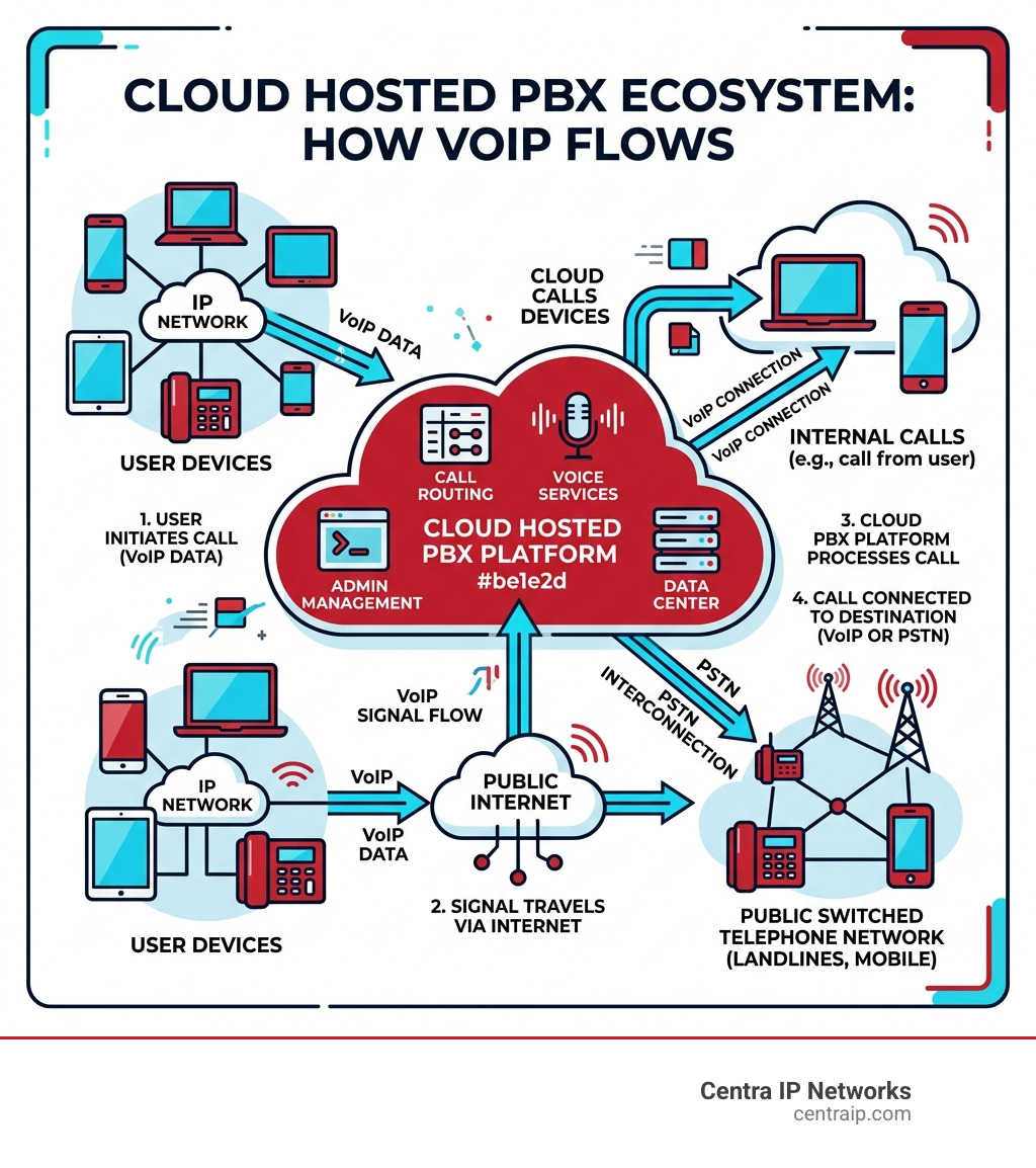 Cloud hosted PBX ecosystem showing VoIP flow from user devices through internet to cloud servers and PSTN - cloud hosted pbx Cloud hosted PBX ecosystem showing VoIP flow from user devices through internet to cloud servers and PSTN - cloud hosted pbx