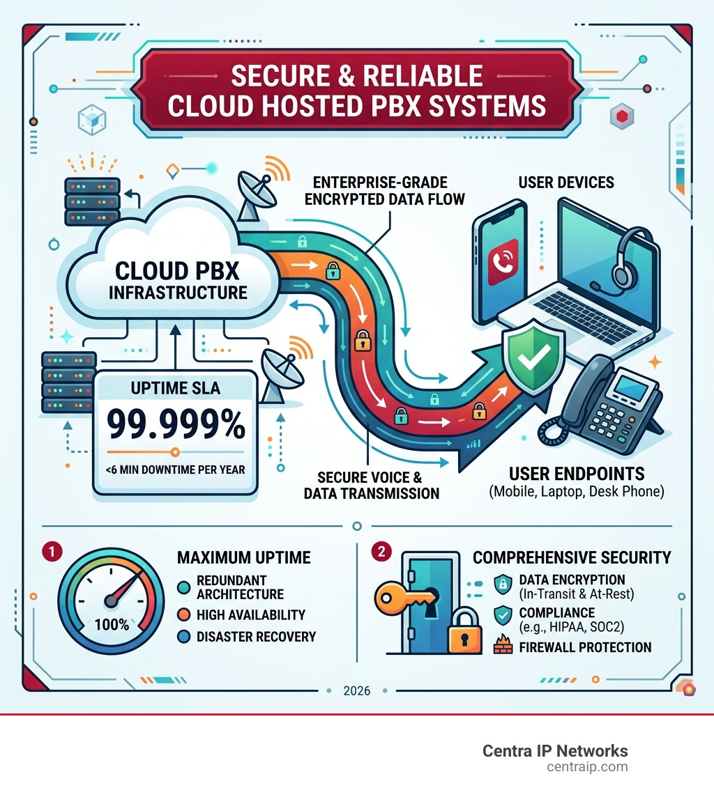 Infographic showing 99.999% uptime and encrypted data flow between cloud and user - cloud hosted pbx systems infographic Infographic showing 99.999% uptime and encrypted data flow between cloud and user - cloud hosted pbx systems infographic