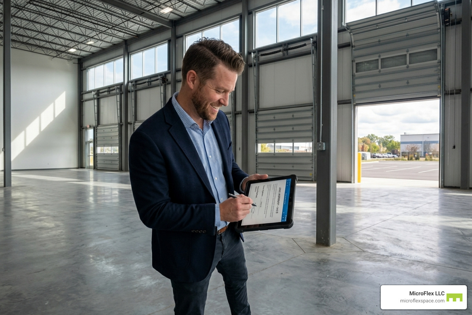 Business owner signing a digital lease on a tablet in a warehouse setting - small warehouse rental