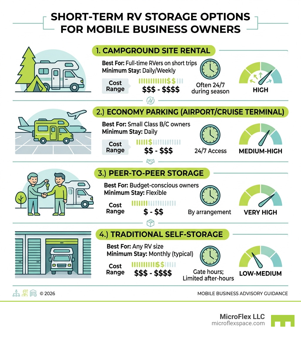 Comparison infographic: short-term RV storage options for mobile business owners, showing storage type, cost range, access