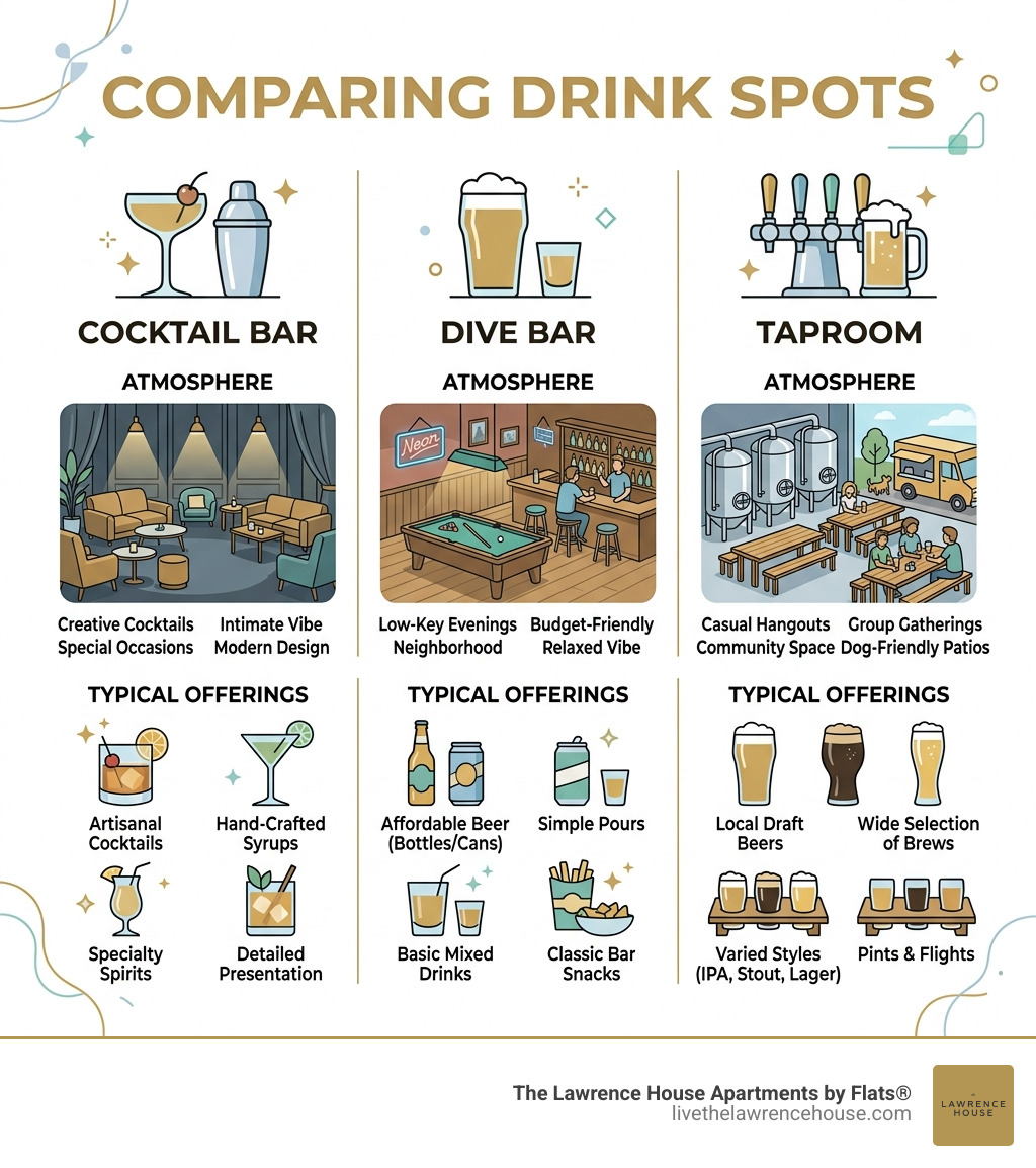 Comparison table of cocktail bars, dive bars, and taprooms showing atmosphere and typical drink offerings - drink spots near
