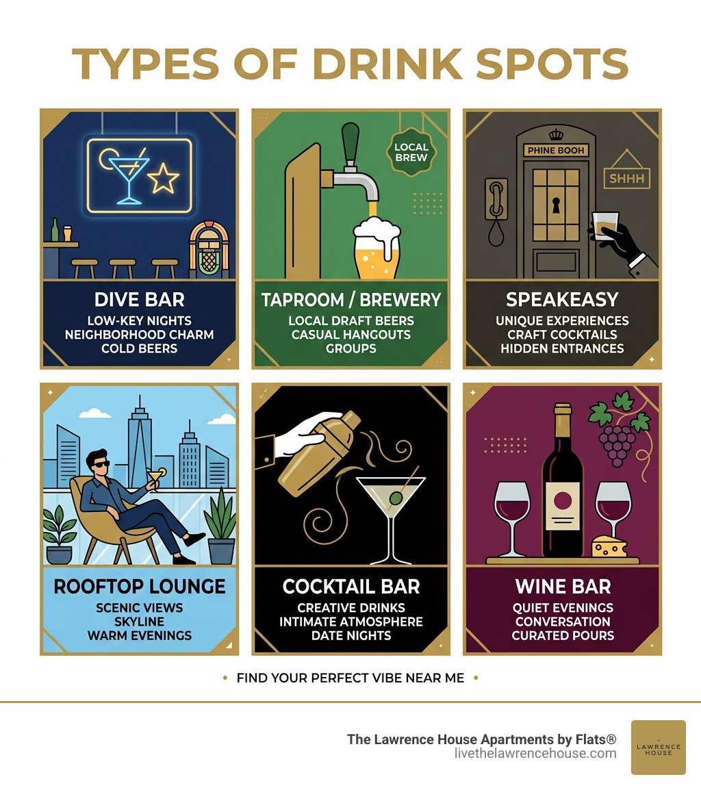 Infographic showing types of drink spots from dive bars and taprooms to speakeasies and rooftop lounges - drink spots near