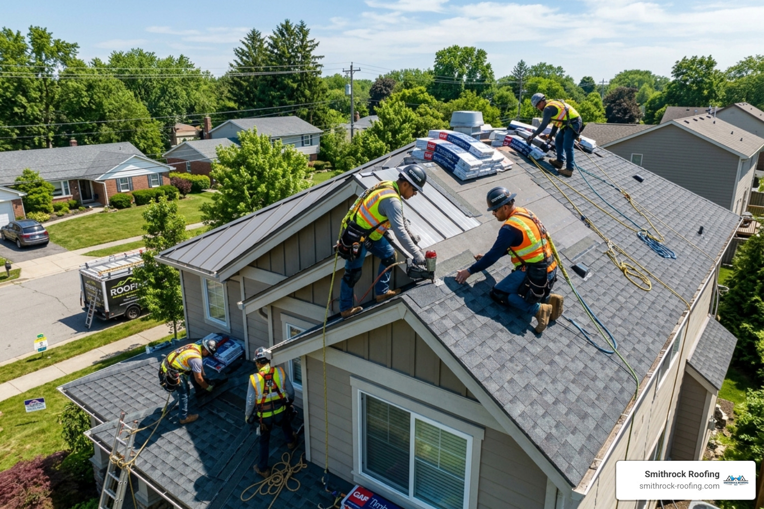 a professional roofing crew wearing safety gear while installing new architectural shingles on a residential roof - roofing