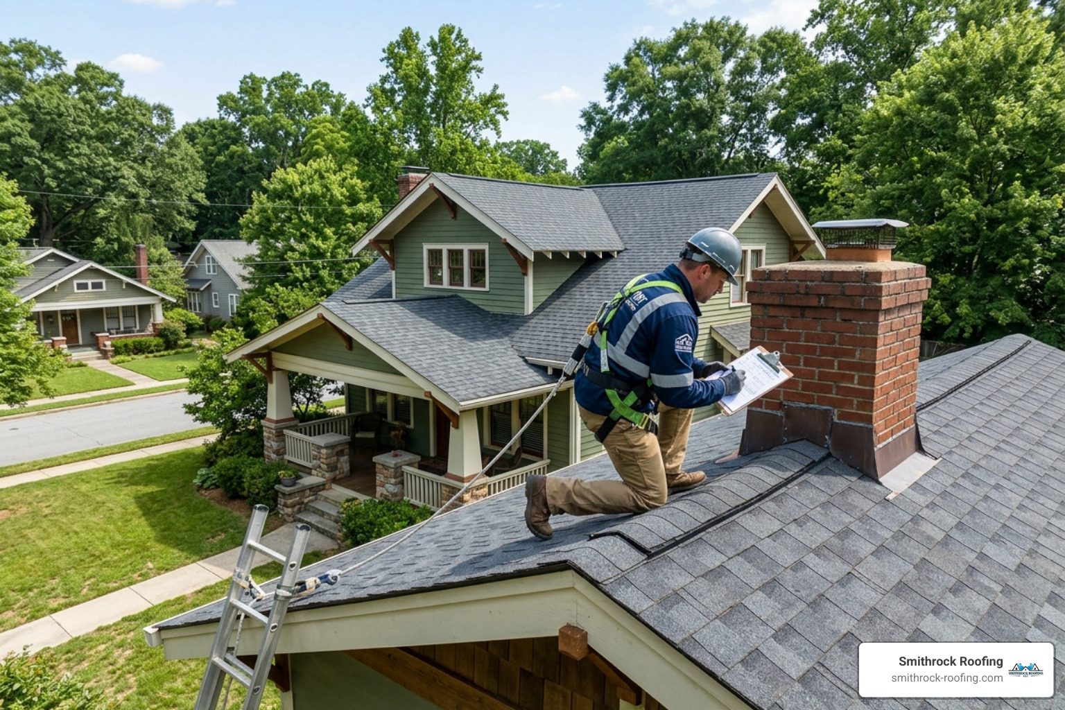 a professional roofing contractor performing a detailed roof inspection on a High Point home - roofing contractors high