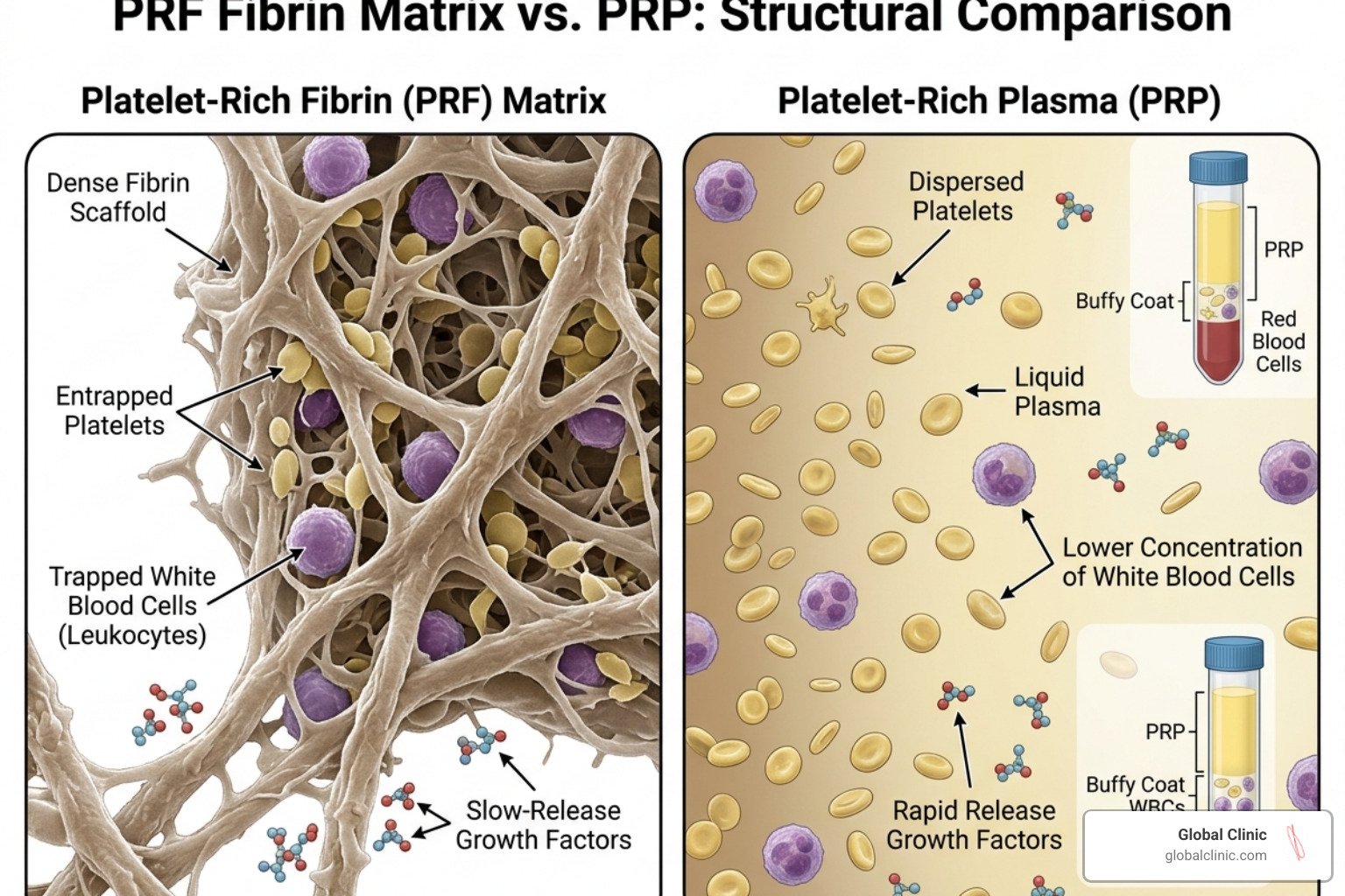 Structure of the PRF fibrin matrix compared to PRP - prf lip injections