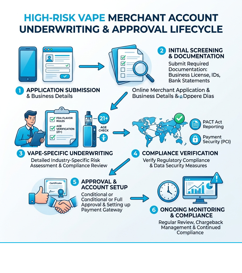 High-risk vape merchant account underwriting and approval lifecycle infographic showing steps from application to compliance High-risk vape merchant account underwriting and approval lifecycle infographic showing steps from application to compliance