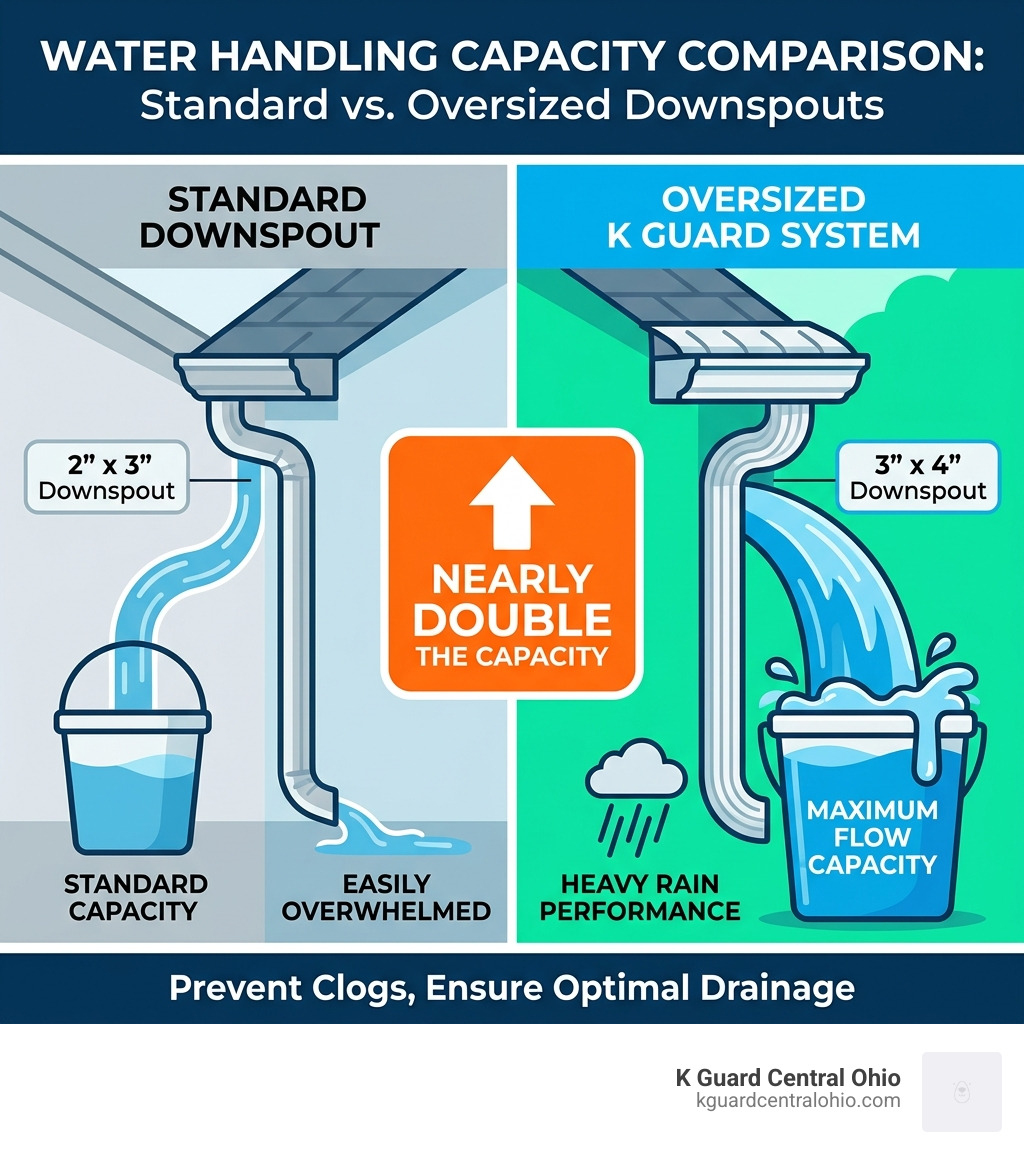 Stat showing that K Guard systems handle more water than standard systems - gutter downspouts infographic 