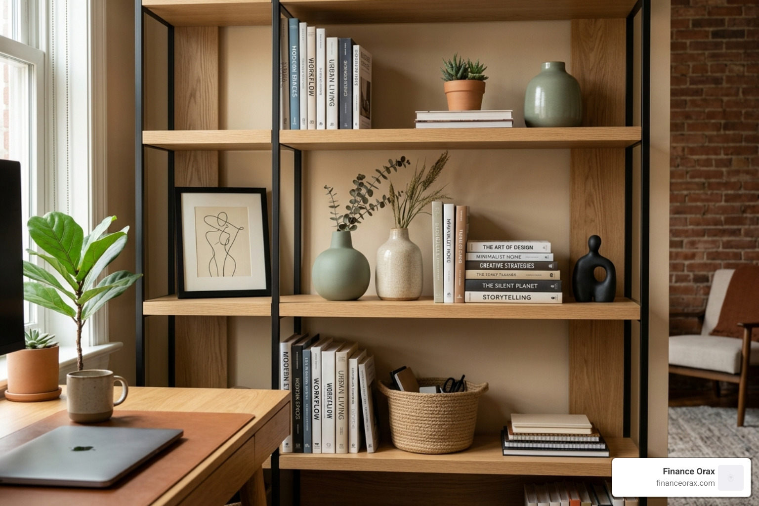 A curated bookshelf featuring ceramic vases, neutral tones, and minimalist sculptures - beautiful office decor