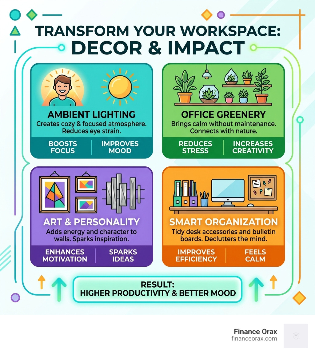 Infographic showing how office decor elements like lighting, greenery, art, and organization impact productivity and mood