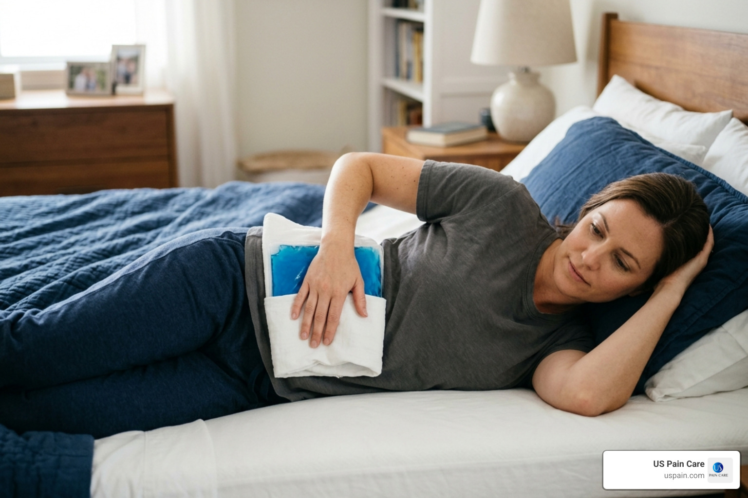 applying an ice pack to the lower back with a protective cloth barrier - lower back muscle sprain