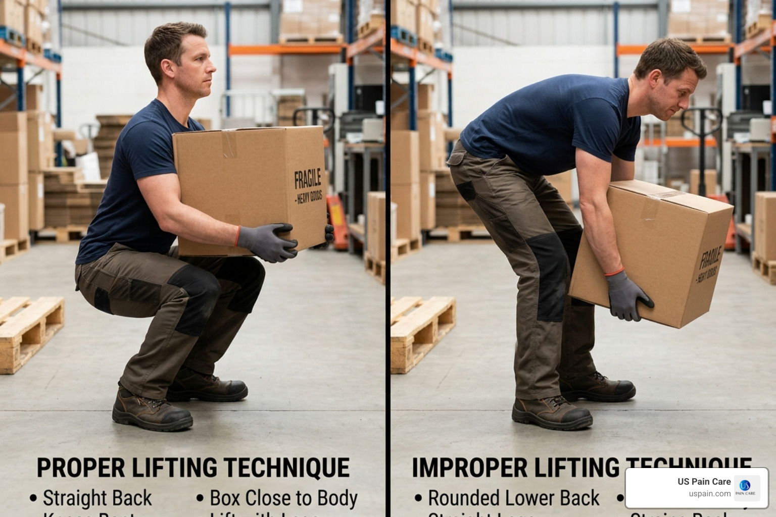 comparison of proper squatting lifting technique vs improper rounded back lifting - lower back muscle sprain