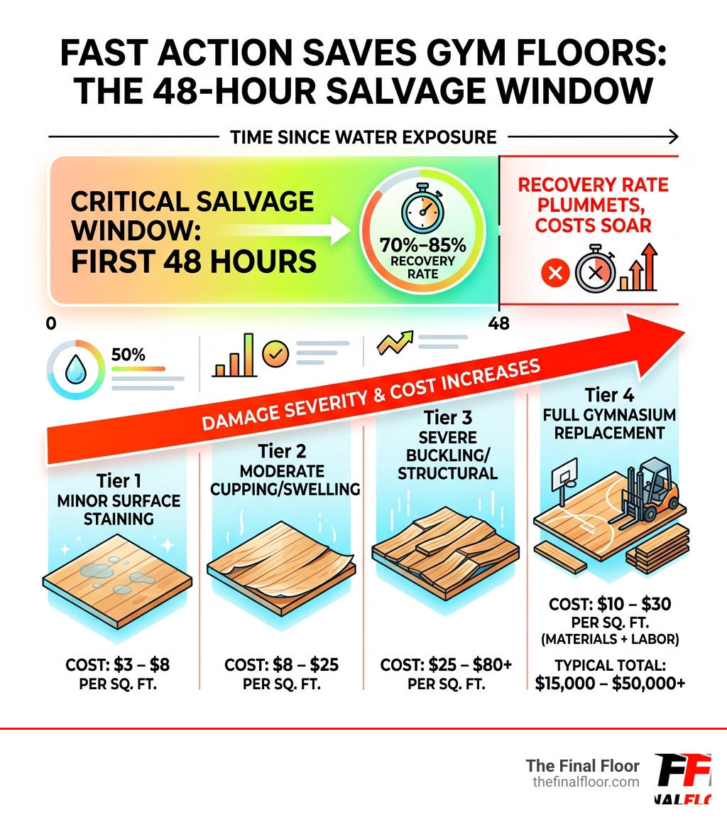 infographic showing 48-hour gymnasium floor salvage window and cost tiers by damage severity - hardwood floor water damage