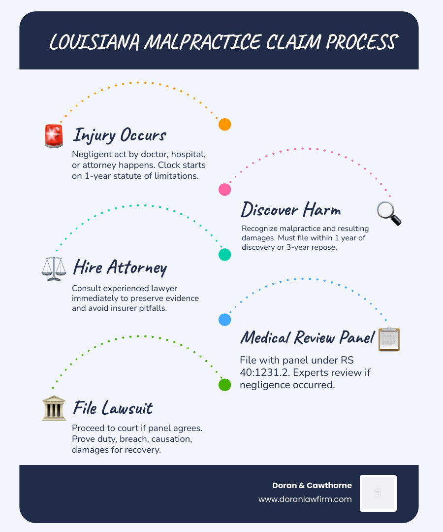Step-by-step Louisiana malpractice claim process infographic showing timeline from injury to recovery - malpractice lawyer