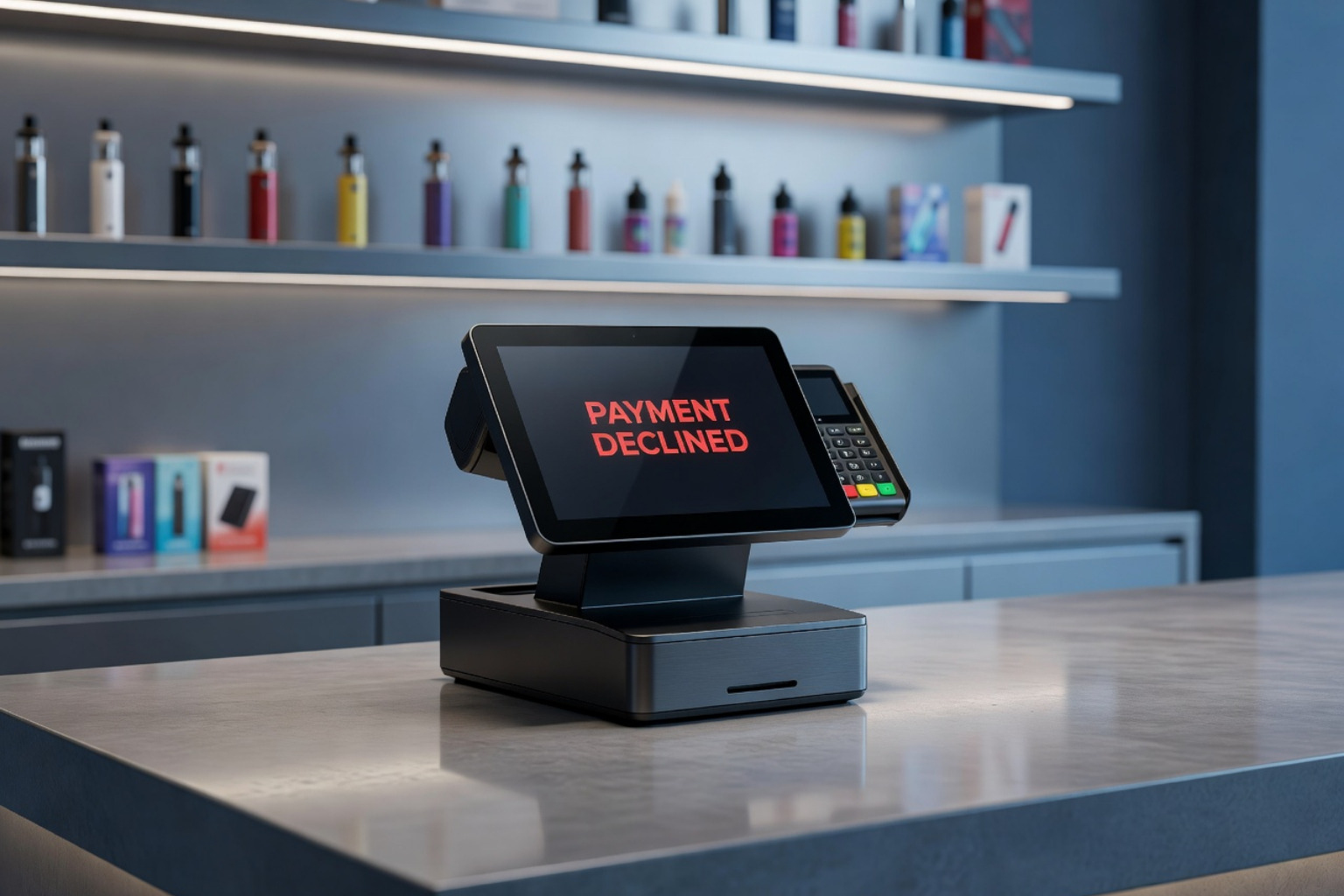 Service Suspended notification on a business dashboard representing frozen funds - merchant account for vape shops Service Suspended notification on a business dashboard representing frozen funds - merchant account for vape shops