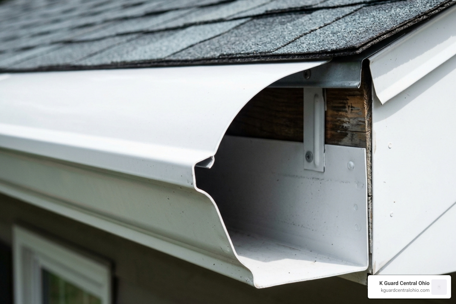 Close-up of the K-Guard leaf-free gutter system showing the hood and trough design - cost of new gutters