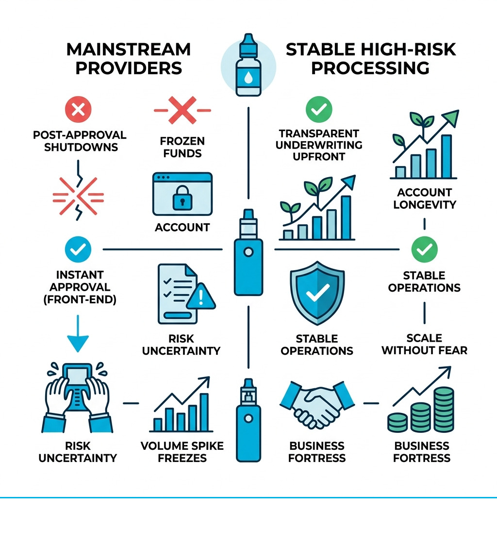 Infographic showing the benefits of stable high-risk processing vs. mainstream providers - retail smoke shop accounts Infographic showing the benefits of stable high-risk processing vs. mainstream providers - retail smoke shop accounts