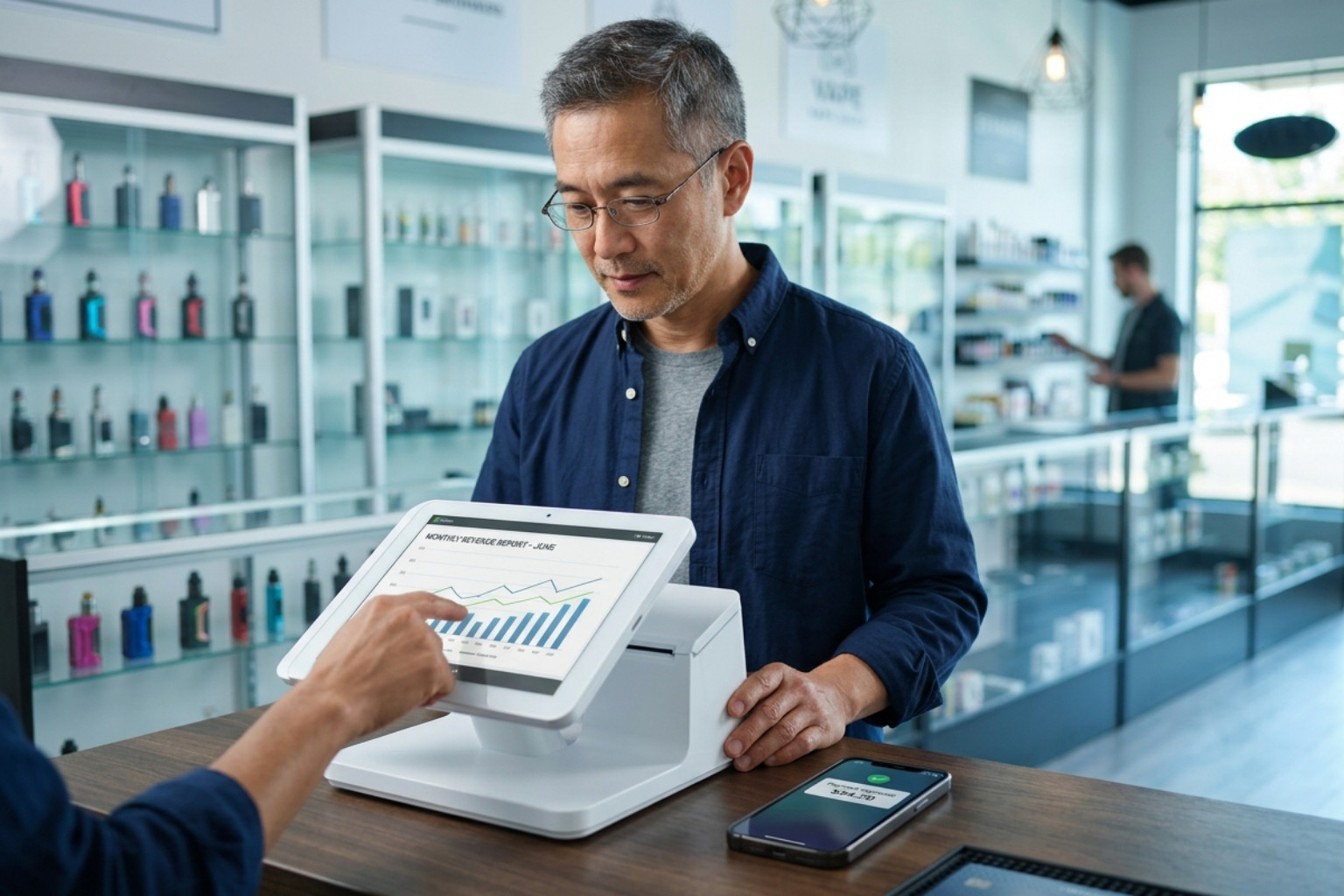 Business owner reviewing financial statements and vape merchant account requirements - retail smoke shop accounts Business owner reviewing financial statements and vape merchant account requirements - retail smoke shop accounts