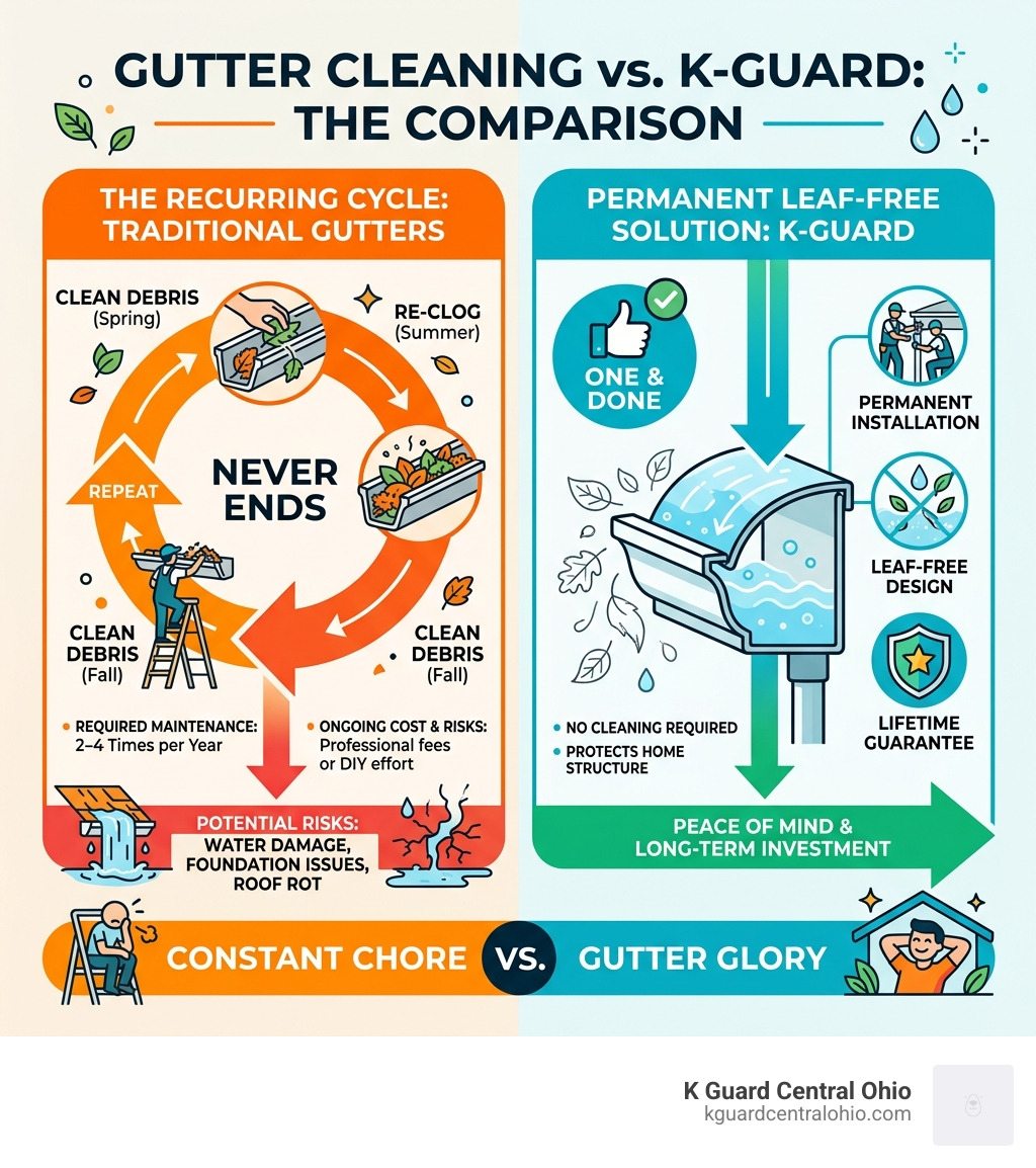 Infographic comparing the recurring cycle of gutter cleaning vs. K-Guard permanent leaf-free gutter solution - Residential
