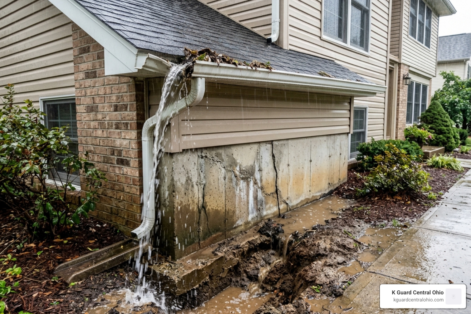 Foundation water pooling and structural damage caused by clogged gutters - Residential gutter cleaning services