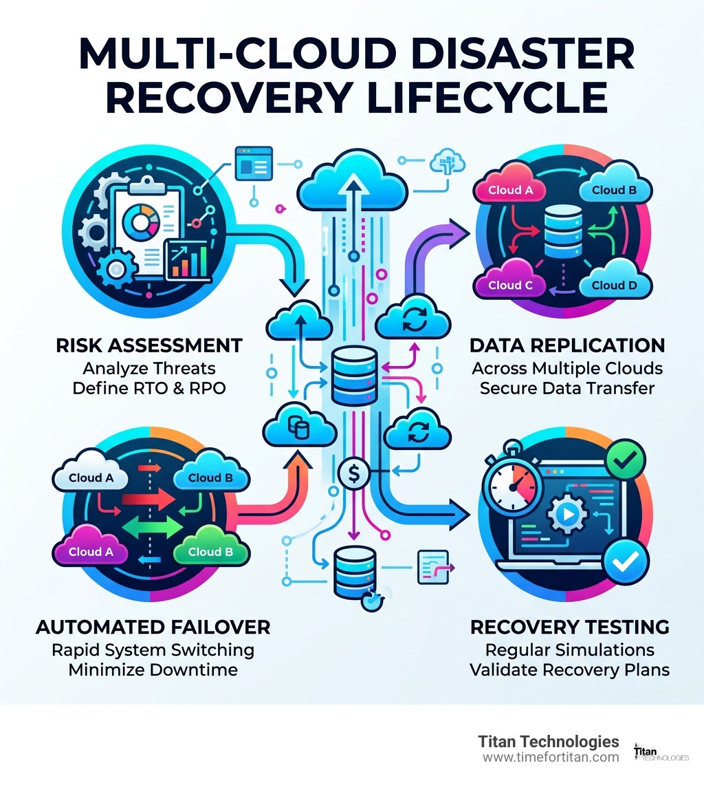 Infographic showing the multi-cloud disaster recovery lifecycle from risk assessment through backup replication across multiple cloud providers to automated failover and recovery testing - multi cloud disaster recovery infographic 