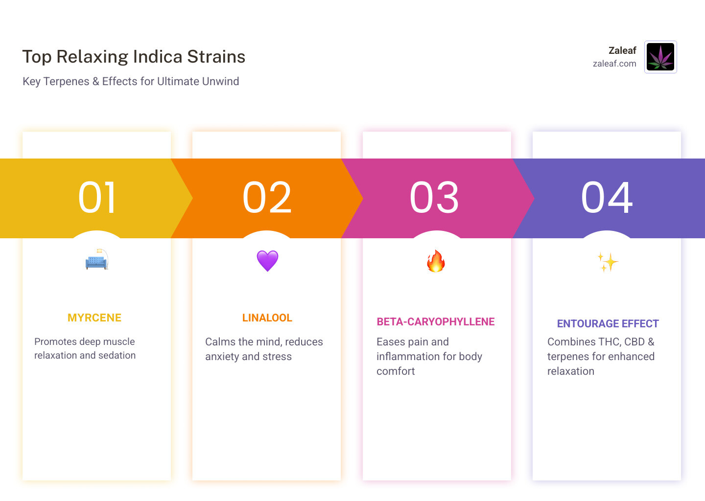 Infographic showing top indica strains, their terpenes, and relaxation effects for vape carts - relaxing indica vape carts Infographic showing top indica strains, their terpenes, and relaxation effects for vape carts - relaxing indica vape carts