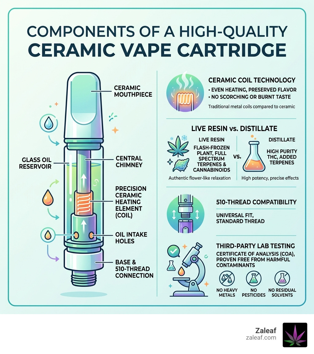 Infographic showing the components of a high-quality ceramic vape cartridge - relaxing indica vape carts infographic Infographic showing the components of a high-quality ceramic vape cartridge - relaxing indica vape carts infographic