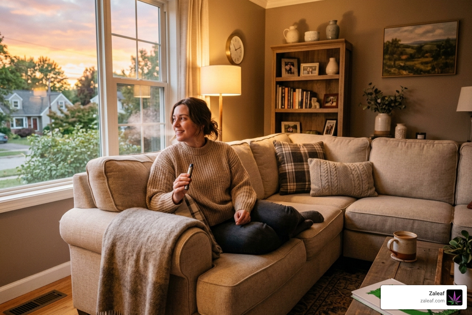 A person relaxing in a cozy living room with a vape pen during sunset - relaxing indica vape carts A person relaxing in a cozy living room with a vape pen during sunset - relaxing indica vape carts
