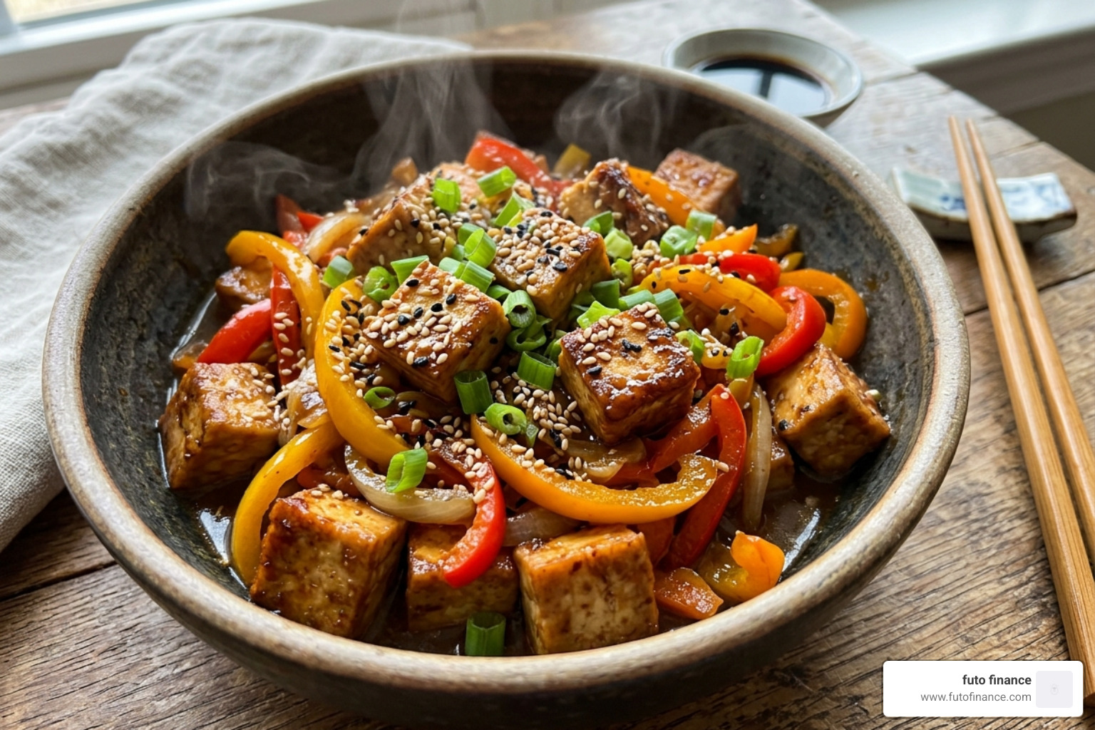 A vibrant high-protein tofu and bell pepper stir-fry with sesame seeds and green onions - vegan lunch ideas weight loss