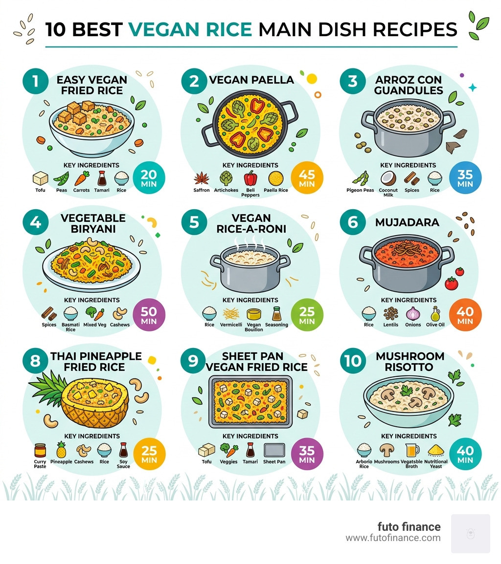 Infographic showing 10 best vegan rice main dish recipes with key ingredients and cook times - vegan rice main dish recipes