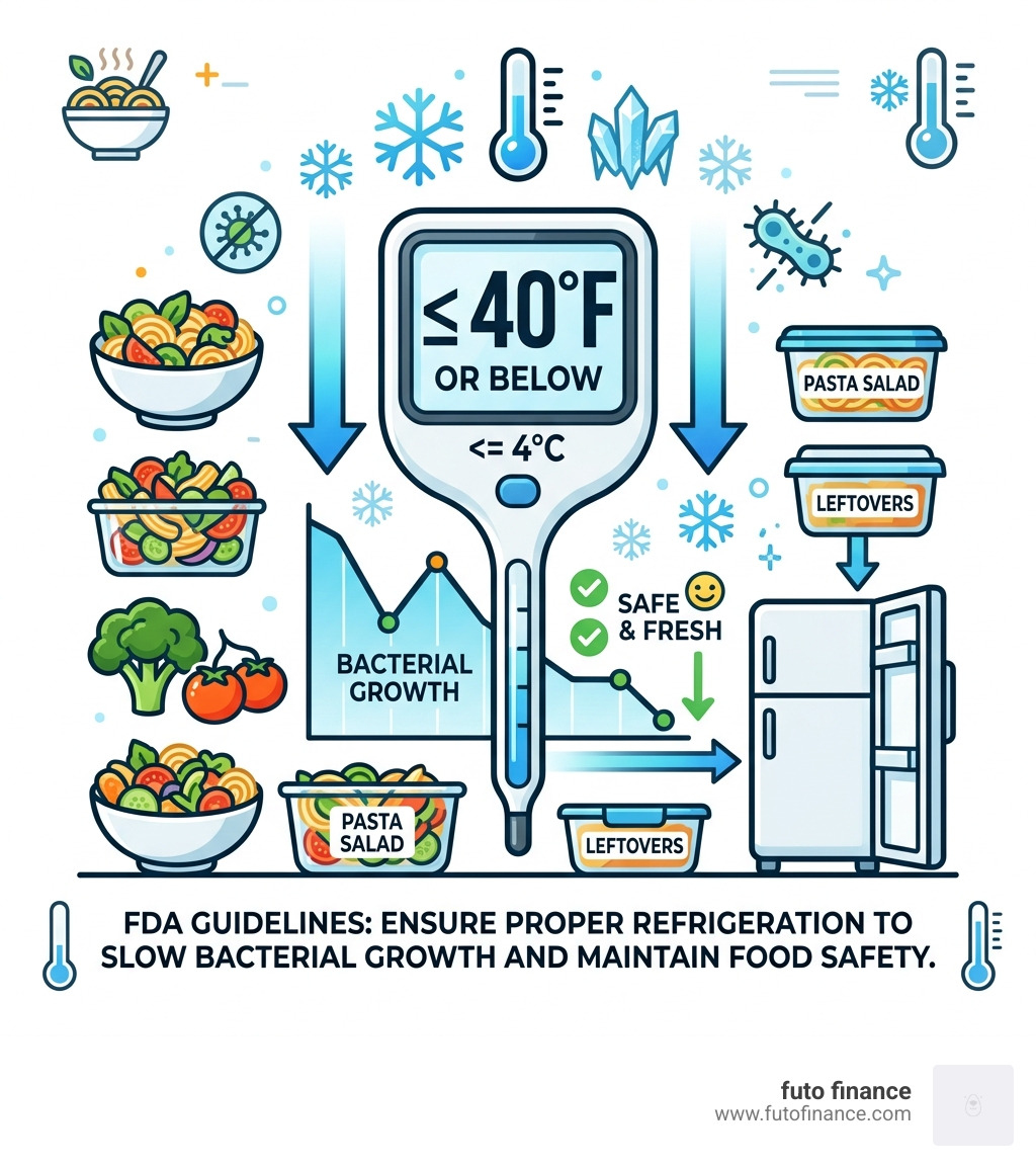 FDA guidelines: Cold food should be stored at or below 40 degrees Fahrenheit to prevent bacterial growth - cold pasta salad