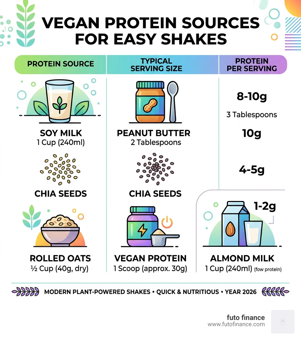 Vegan protein sources and protein content per serving infographic for easy shakes - easy vegan protein shakes infographic 