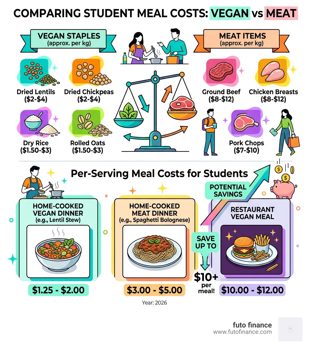 Infographic showing cost comparison of vegan staples vs meat and per-serving meal costs for students - cheap student vegan