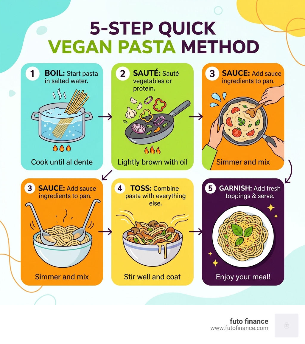 5-step quick vegan pasta method infographic showing boil, sauté, sauce, toss, and garnish - vegan pasta recipes infographic 